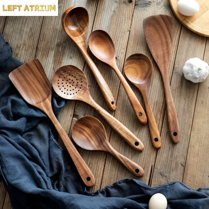 Teak Cooking Tool Set Acacia Wood Kitchen Utensils Long Handled Spatula Non Stick Solid Wood Spatula Fork