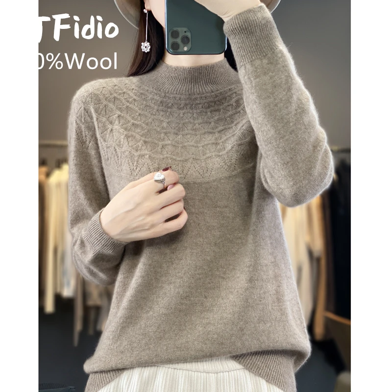 

YTFidio 100% Wool Women Mock-neck Hollow out Half high collar Turtleneck Slim Sweaters Solid Pullover Female Tops 92