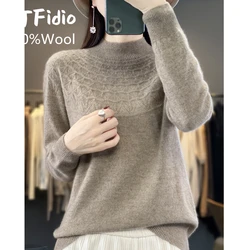 YTFidio 100% wełna kobiety Mock-neck drążą półwysoki kołnierz golf wąskie swetry jednolity sweter bluzki damskie 92