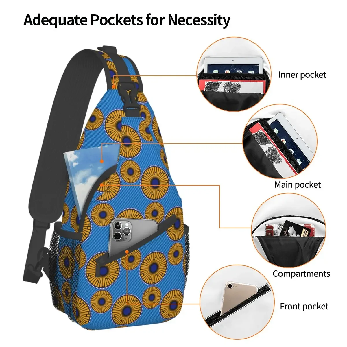 African Wax Print Ethnic Sling Bags Chest Crossbody Shoulder Sling Backpack Outdoor Sports Daypacks Printed School Bags