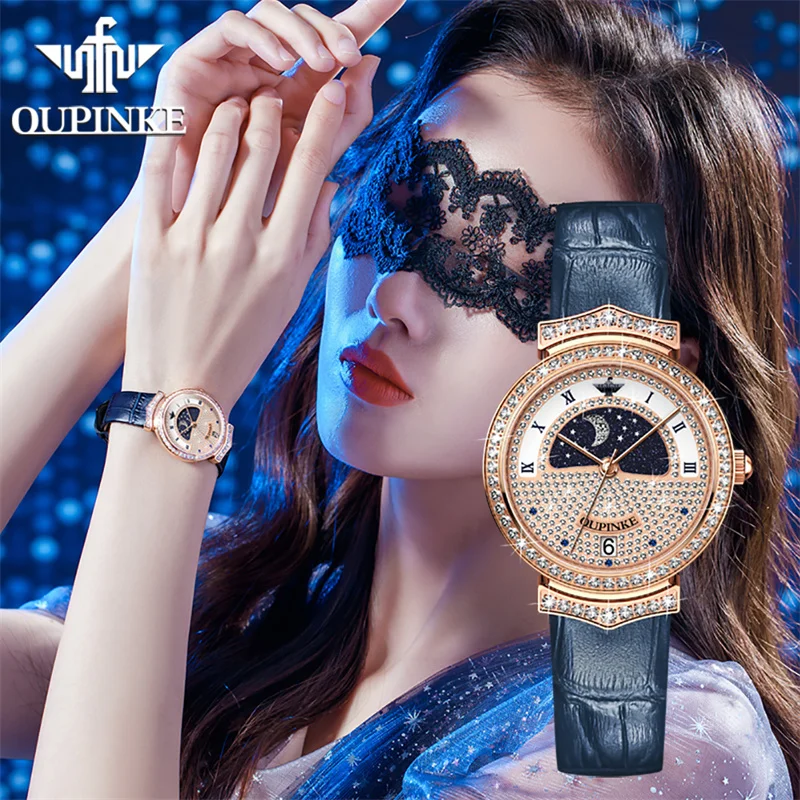 OUPINKE New Ladies Quartz Watch Luxury Full Diamond Dial Waterproof Leather Strap Fashion Quartz Women's Watch Reloj