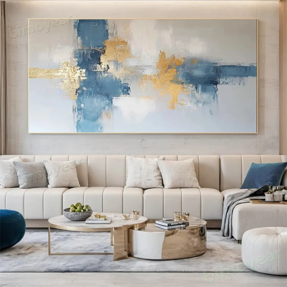 

100% Hand Painted Blue Gold Oil Painting on Canvas Paint Abstract Wall Art Pictures for Home Decor Living Room Porch Restaurant