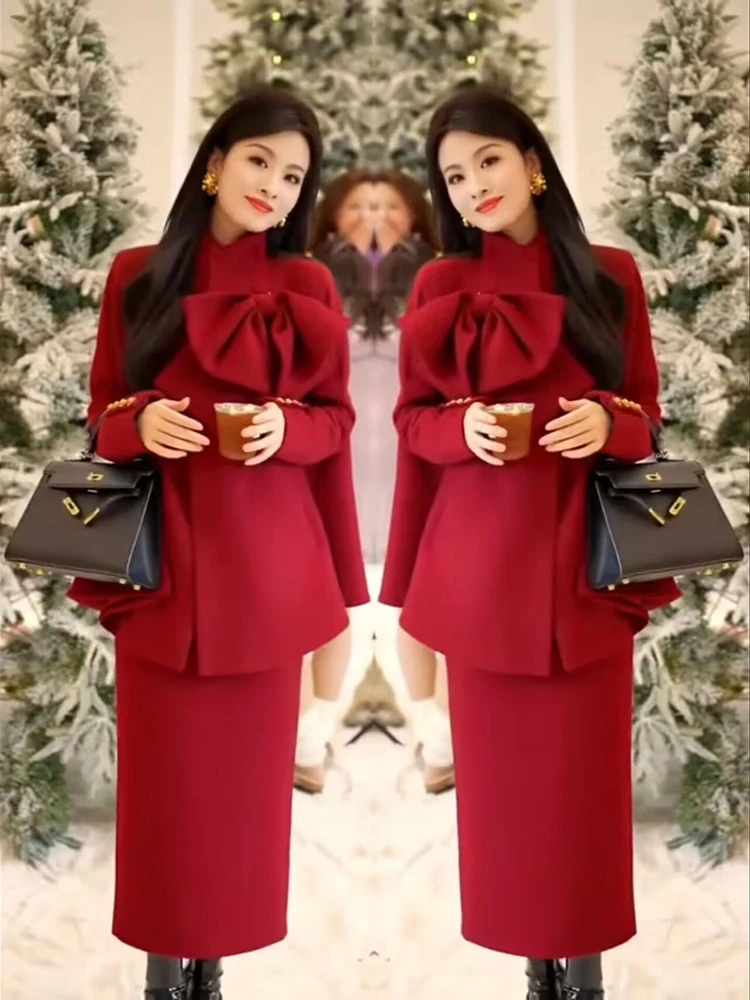 

Women's 2025 autumn outfit new slimming big bow decoration jacket+high waisted half skirt temperament design sense set