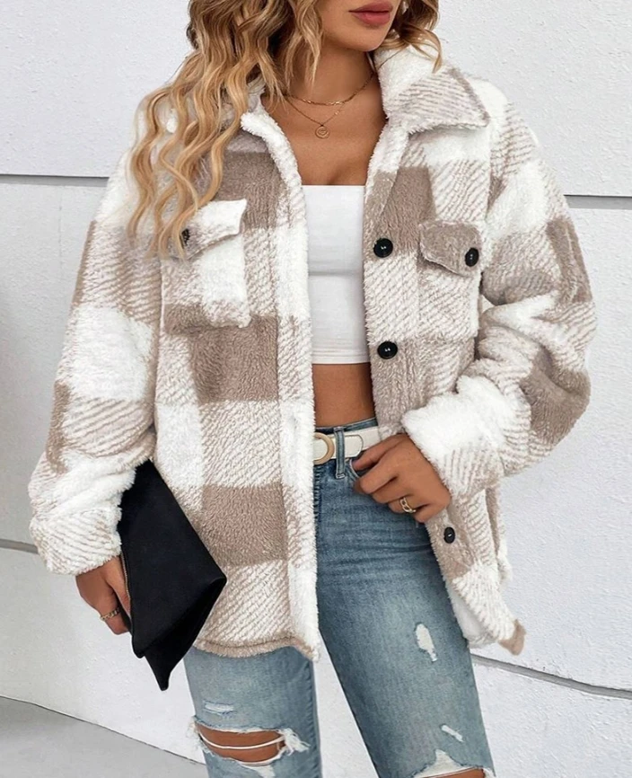 

Elegant Plus Size Plaid Pattern Turn-Down Collar Button Down Teddy Coat 2025 Autumn Winter New Fashion Casual