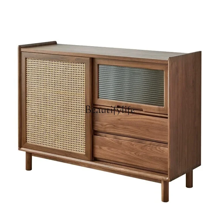 

FG44Black walnut side cabinet Nordic simple solid wood rattan storage locker