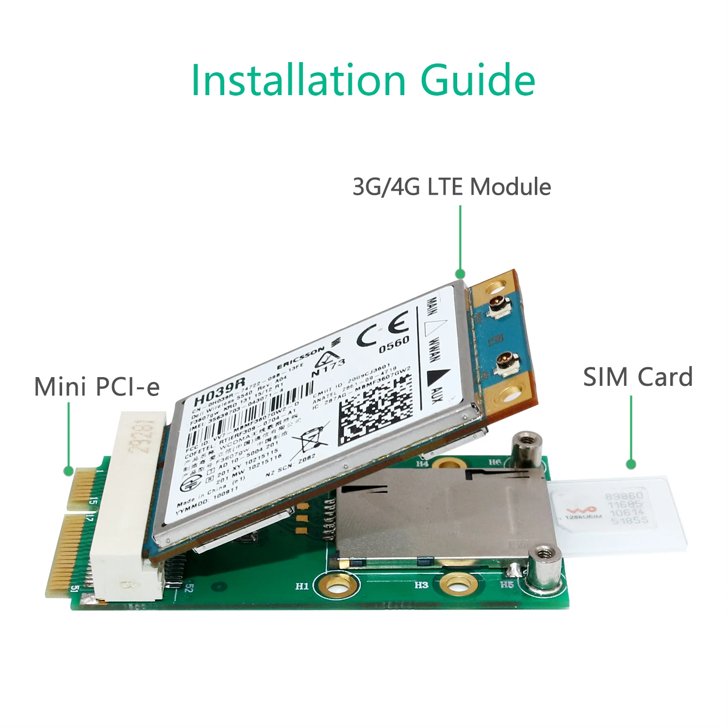 Mini PCI-E Adapter with SIM Card Slot for 3G/4G ,WWAN LTE ,GPS card  With self-elastic SIM card holder