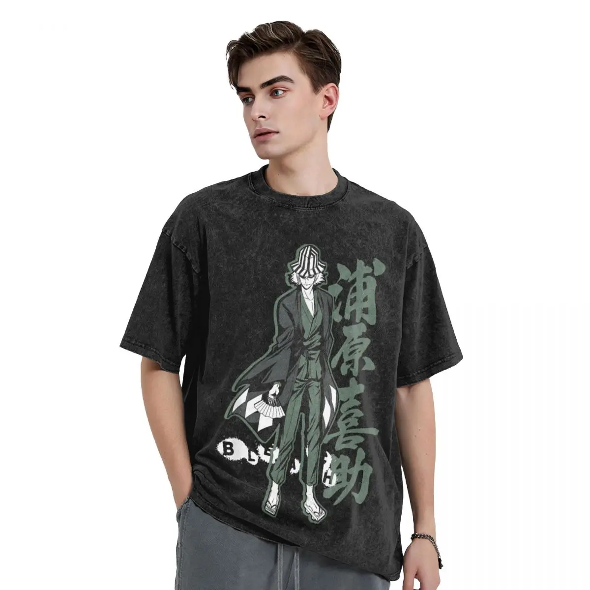 Bleachs Kisuke With Vertical Kanji Washed T Shirt Streetwear Hip Hop T-Shirt Anime Tees Men Women Cotton Harajuku Printed