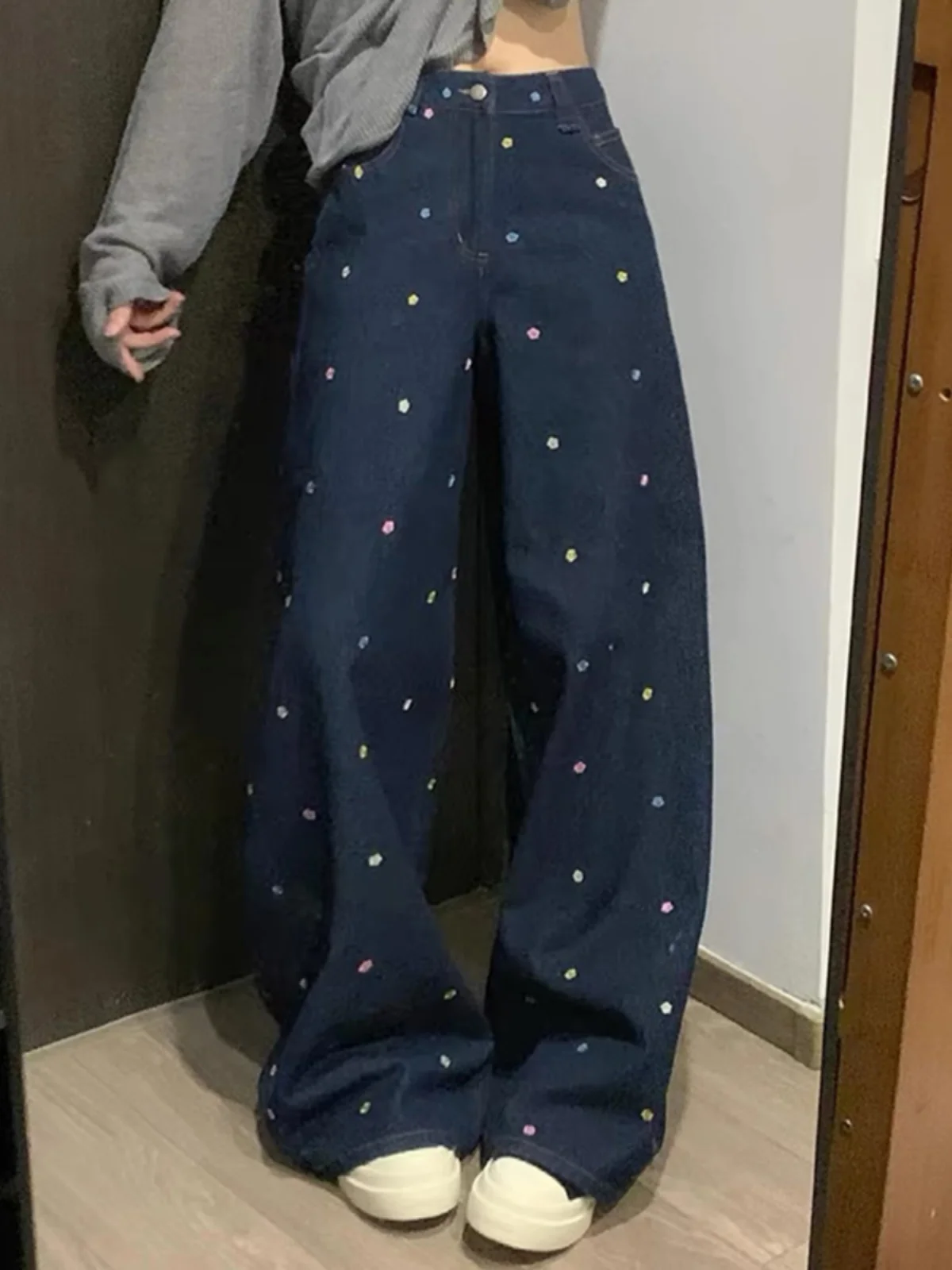 Retro American Blue Embroidered Floral Loose Women's Jeans High Waist Wide Leg Straight Cut Trousers Commute Sle Polyester ...