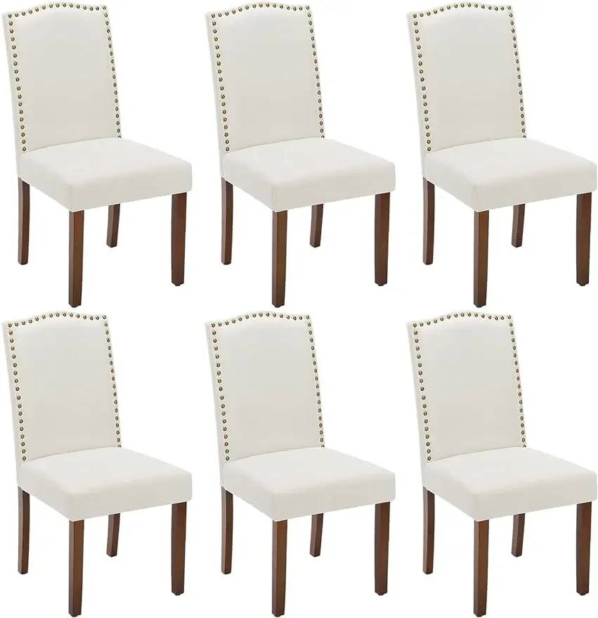 Dumos Dining Set Of 6, Fabric Room , Upholstered Parsons With Nailhead Trim And Wood Legs,