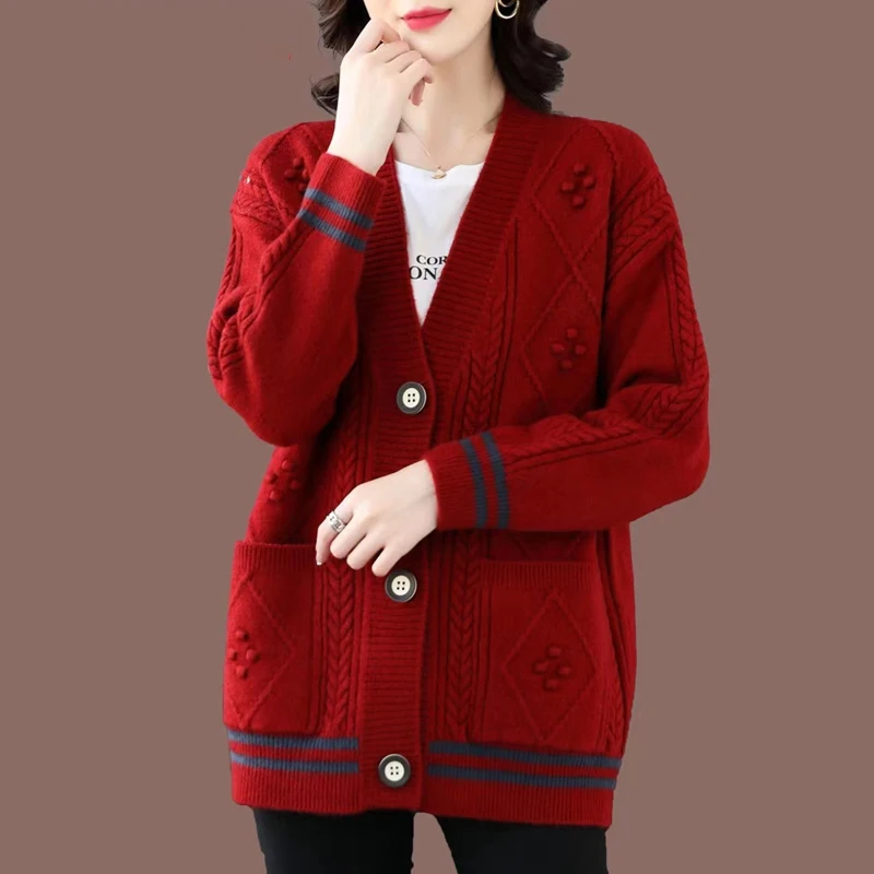 Autumn Winter New Long Sleeved Knitwear Women\'s Loose Sweater Coat Korean V-neck Solid Color Cardigan Jacket Mother Sweaters