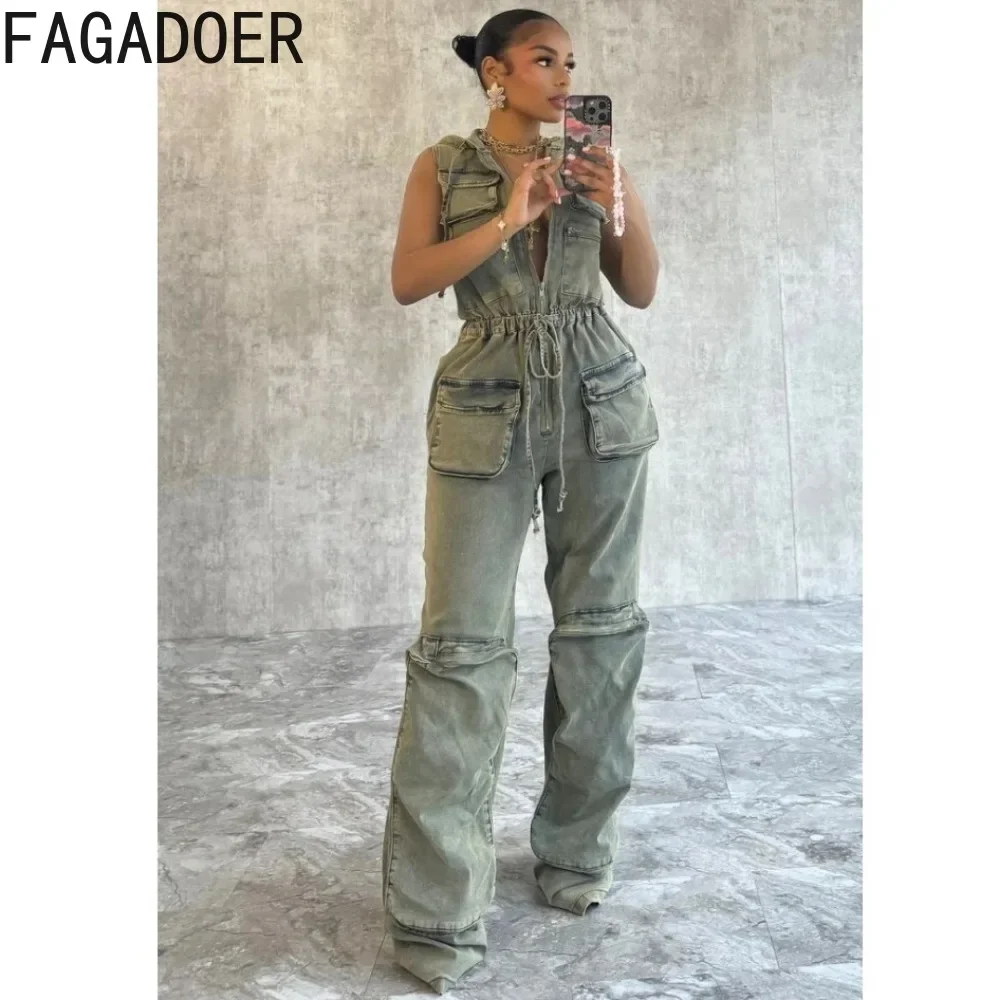 FAGADOER Retro Blue Fashion Denim Hooded Cargo Jumpsuits Women Zip Sleeveless Drawstring Playsuits Female Elastic Cowboy Overall