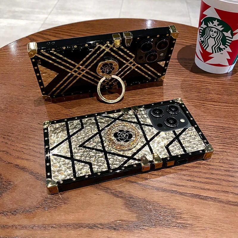 Gold Upscale Luxurious Ring Holder Square Phone Case For iPhone 11 12 13 14 15 16Pro Max XR X XS 7 8 Plus Silicone Bling Cover