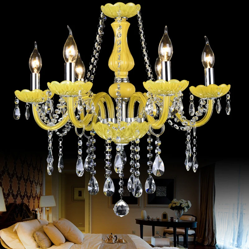 OUFULA European Luxurious Crystal Pendent Lamp Yellow Candle Lamp Warm Living room and bedroom Restaurant Hotel Villa Chandelier