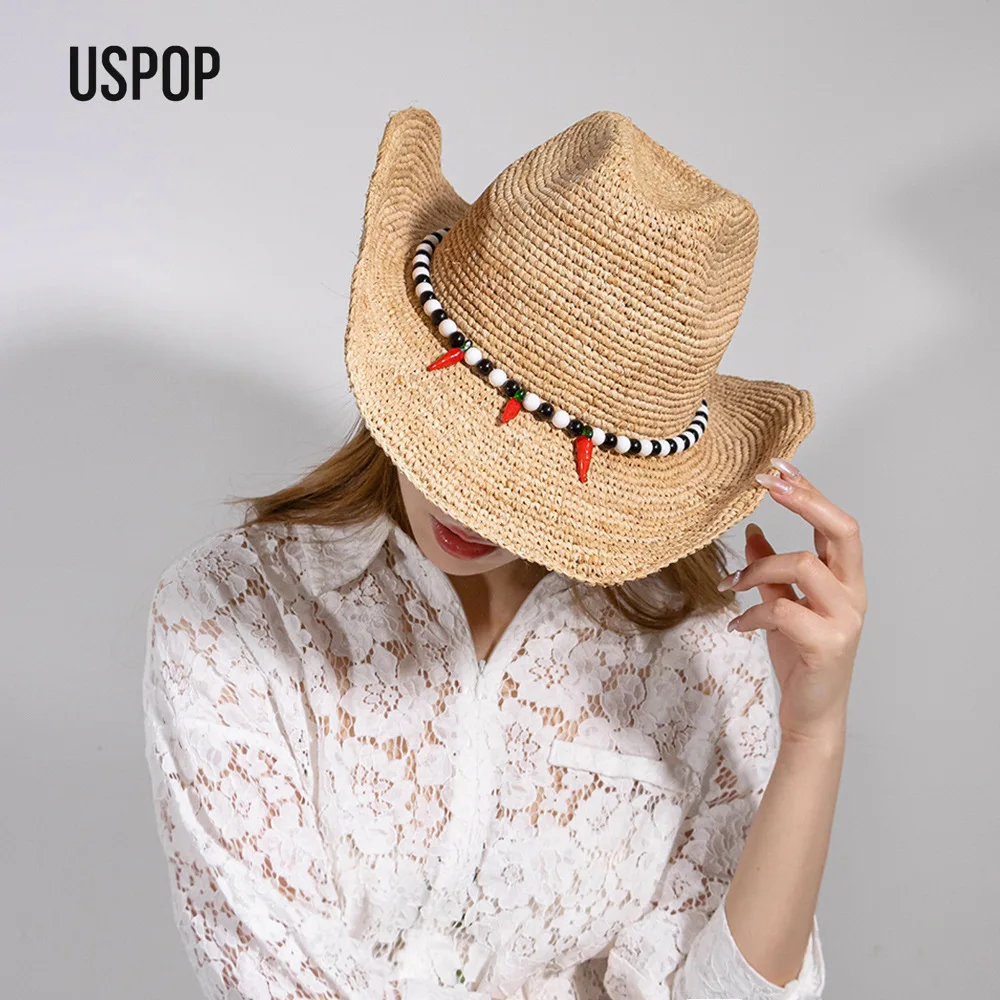 USPOP Women Handmade Raffia Straw Sun Hat with Beaded Chain Women Boho Style Wide Brim Summer Cowboy-Inspired Beach Hat