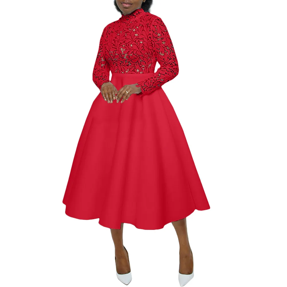 Elegant African Party Evening Dresses for Women Autumn Long Sleeve Lace Patckwork Long Dress Outfits Dashiki Africa Clothing