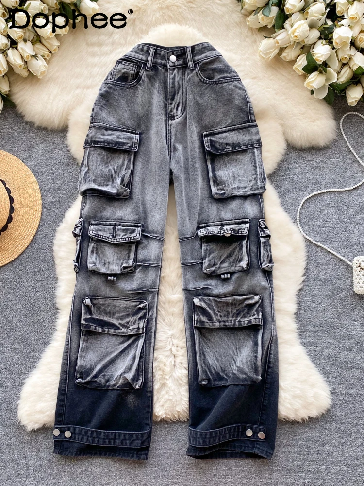 

Tooling Style Wide Leg Jeans Women 2024 Spring New American Retro Multi-Pocket Straight-Leg Pants Loose Casual Mopping Trousers