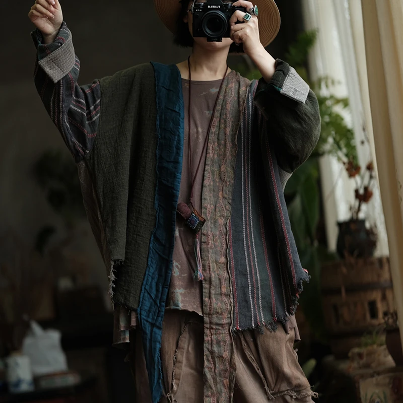 

Женские хлопковые и льняные повседневные пальто, Новое поступление, весна 2024, винтажный стиль, лоскутные полосатые свободные женские куртки с длинными рукавами M1155