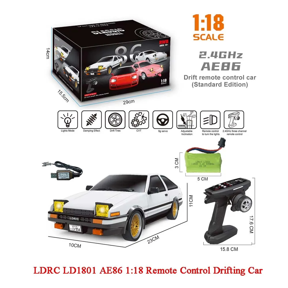 

LDRC LD1801 AE86 1:18 Remote Control Drifting Car with Gyroscope, LED, 2.4G Remote Control and Tires, RC Car Kids Toy Gift