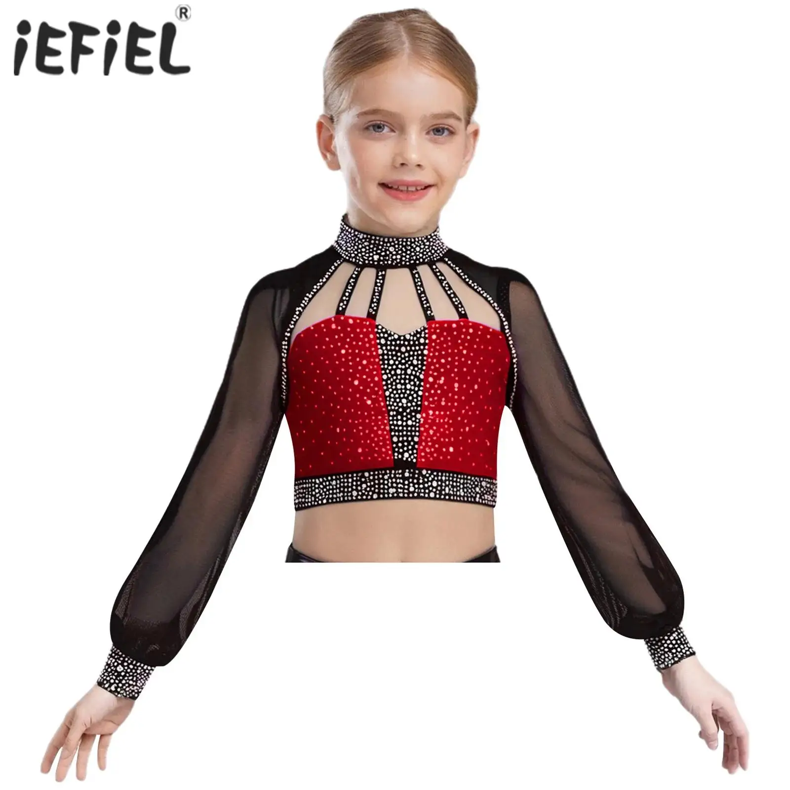 

Гимнастический костюм для фигурного катания для детей, блестящие стразы, топ для балета и танцев, костюм для выступлений, прозрачный сетчатый укороченный топ