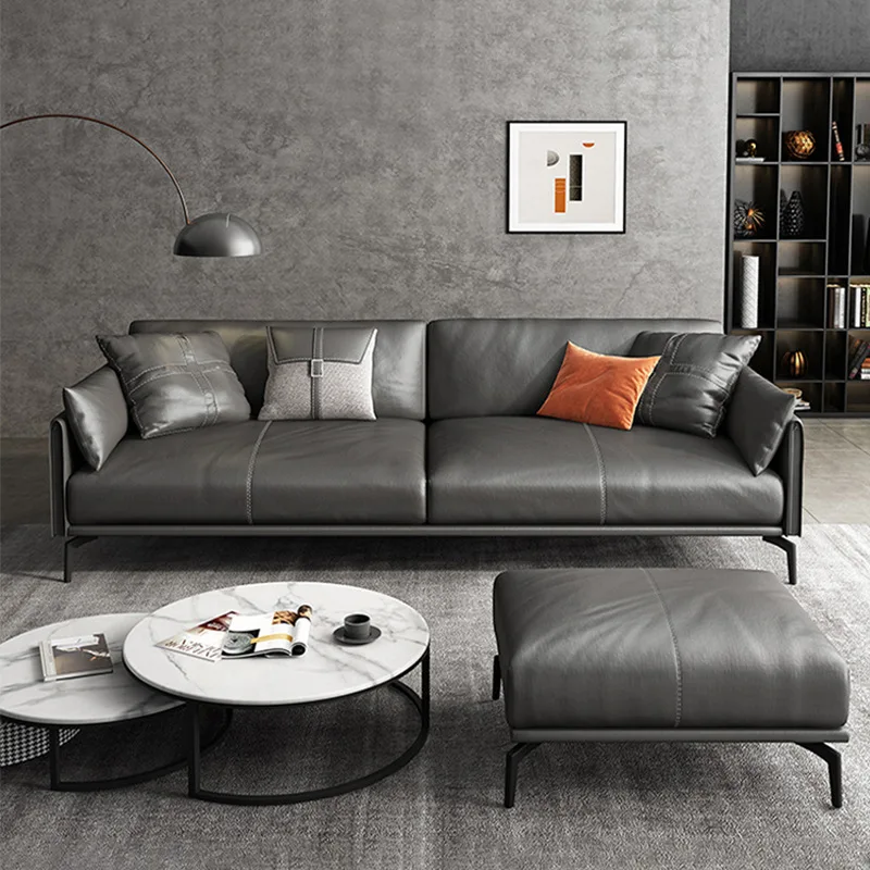 

Italian minimalist leather sofa small apartment straight row three-person sofa first layer cowhide Nordic modern