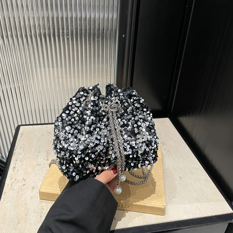 

New Women's Fashion Casual Bucket Bag Sparkling Sequin Drawstring Chain Pearl Shoulder Bag Dinner Party Mini Crossbody Handbag
