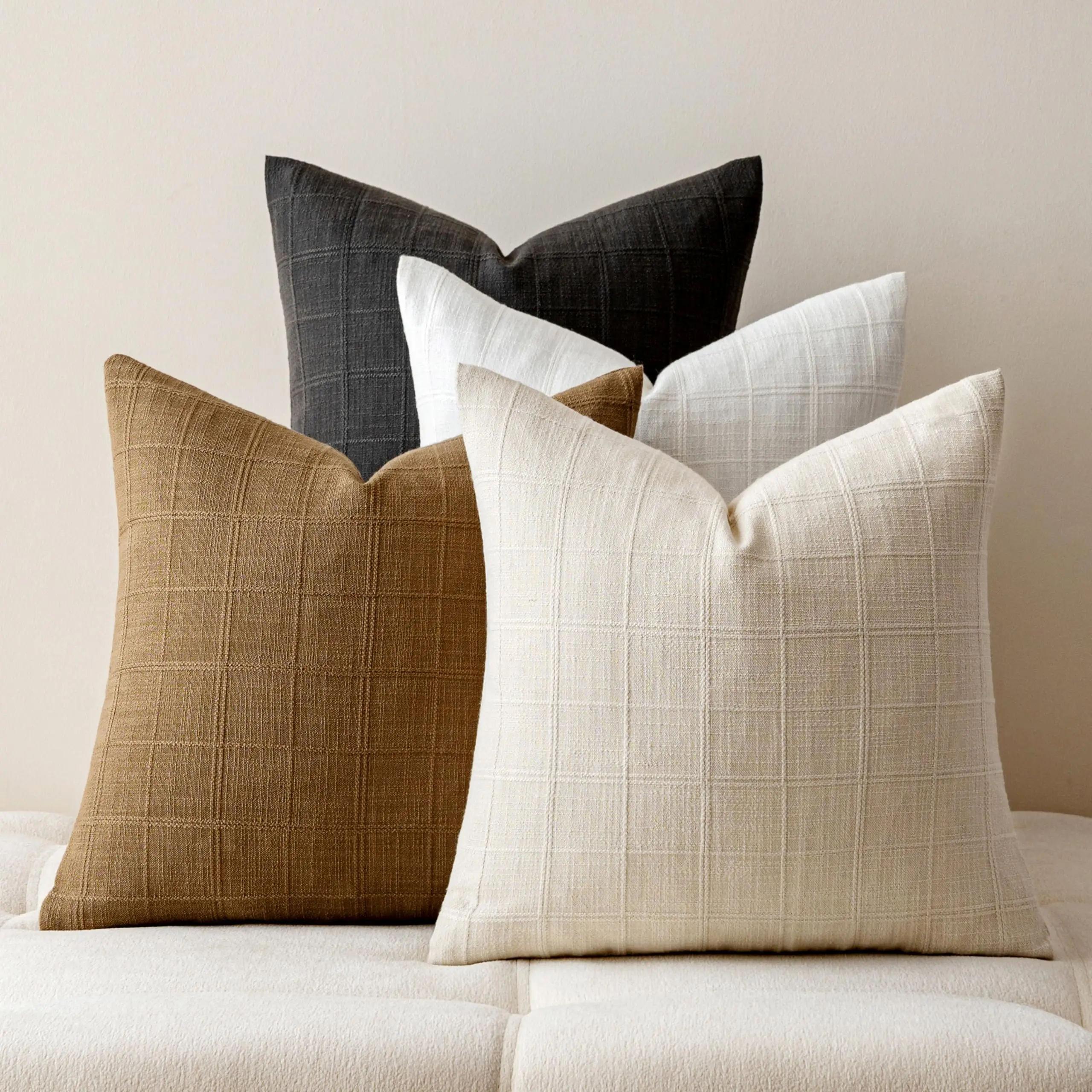 Neutral Linen Pillow Covers Decorative Plaid Throw Pillow Covers Boho Cushion Soft Farmhouse Vintage Cozy Home Decor for Sofa
