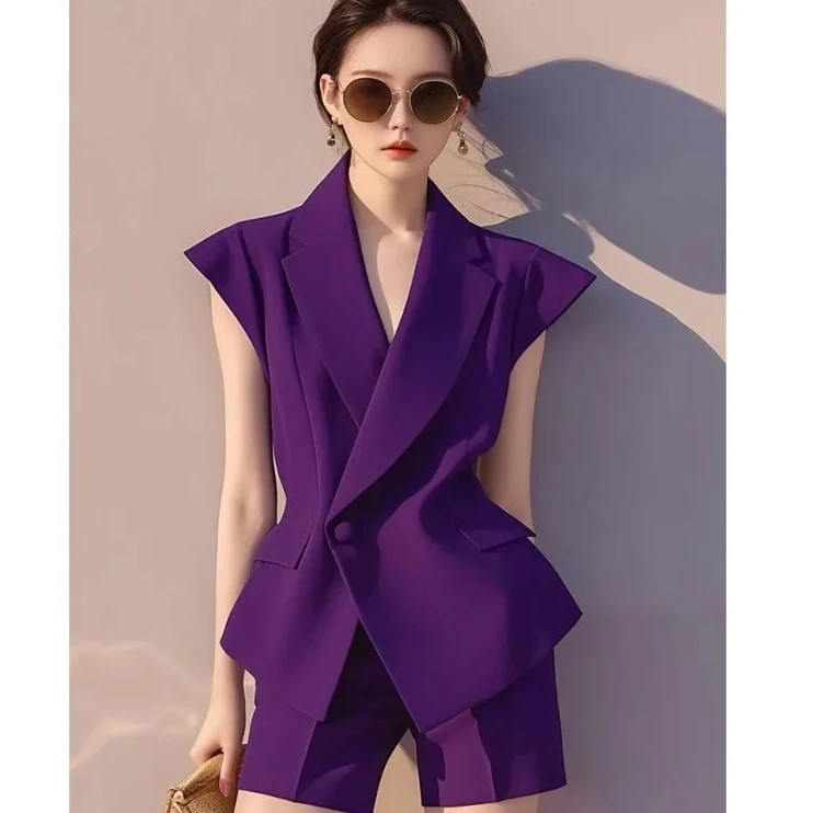 

Модный уличный выдувной, уменьшающий возраст, высококачественный фиолетовый топ без рукавов, шорты, костюм из двух предметов для женщин, летний повседневный жилет