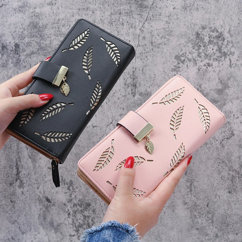 Women's Hollow Golden Leaf Buckle Wallet Female Long Zipper Coin Purses Ladies Multifunction Card Holder Clutch Money Bag 2024