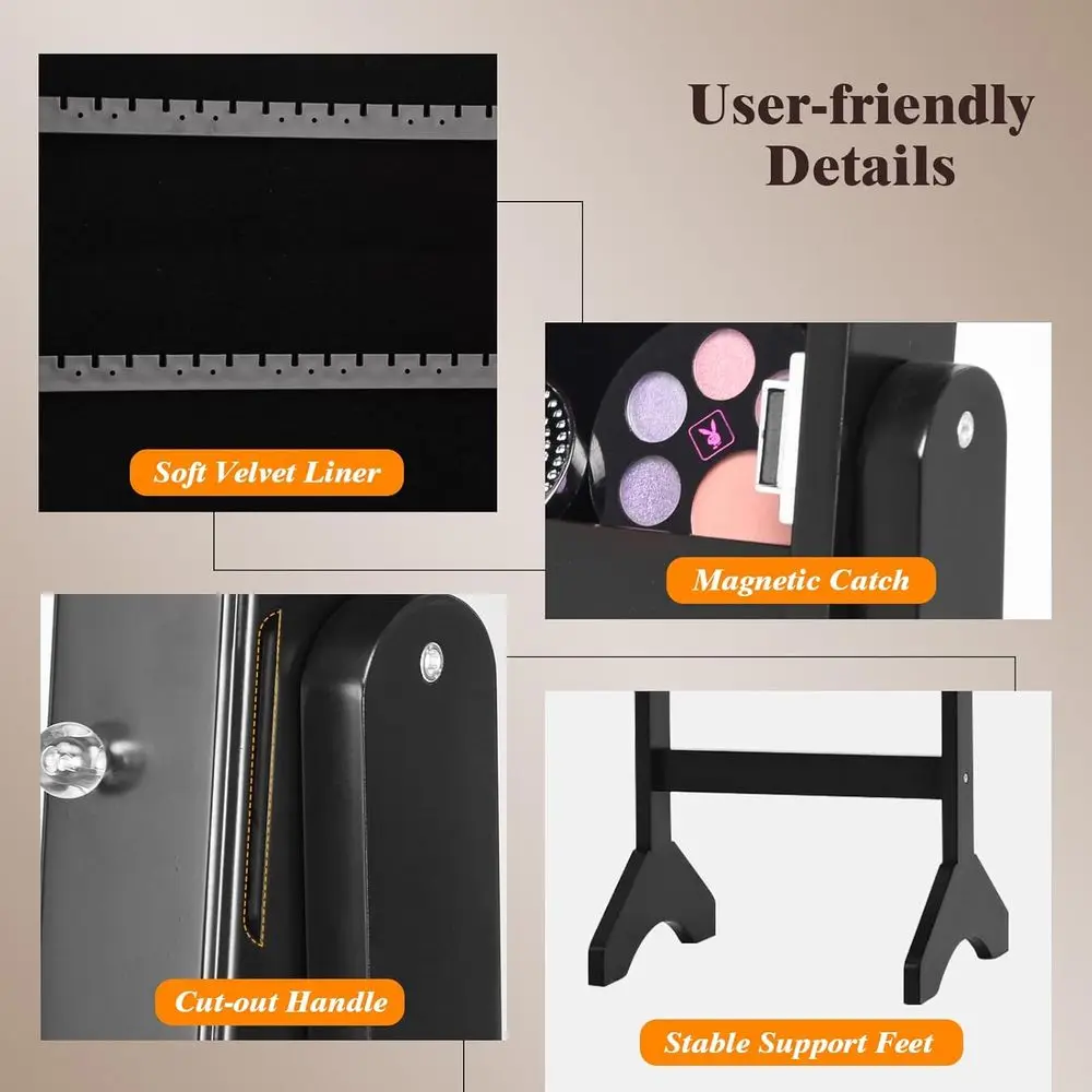 Black Full-Length Mirror Jewelry Cabinet with LED Lights, Storage, Lipstick Holders, Shelves, Earring Notches & Makeup Mirror