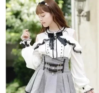 Liz Japanese Mass-Produced Mine Off-Shoulder Lace Ruffle Color-Block Bow Top Short Sleeve Shirt Spring Summer Lolita Blouses