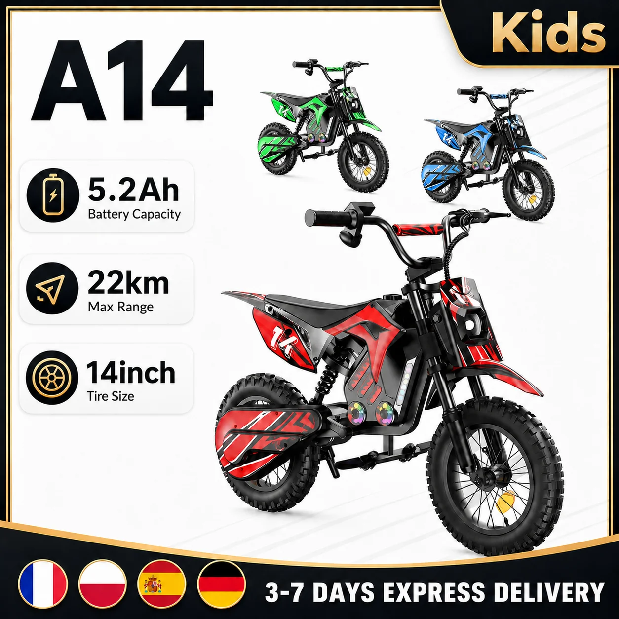 Motocicleta Eléctrica iScooter para Niños, 500W, 5.2Ah, A14, Velocidad Máxima de 27 km/h, Motocicleta Todoterreno de 14 Pulgadas para Paseos por Senderos