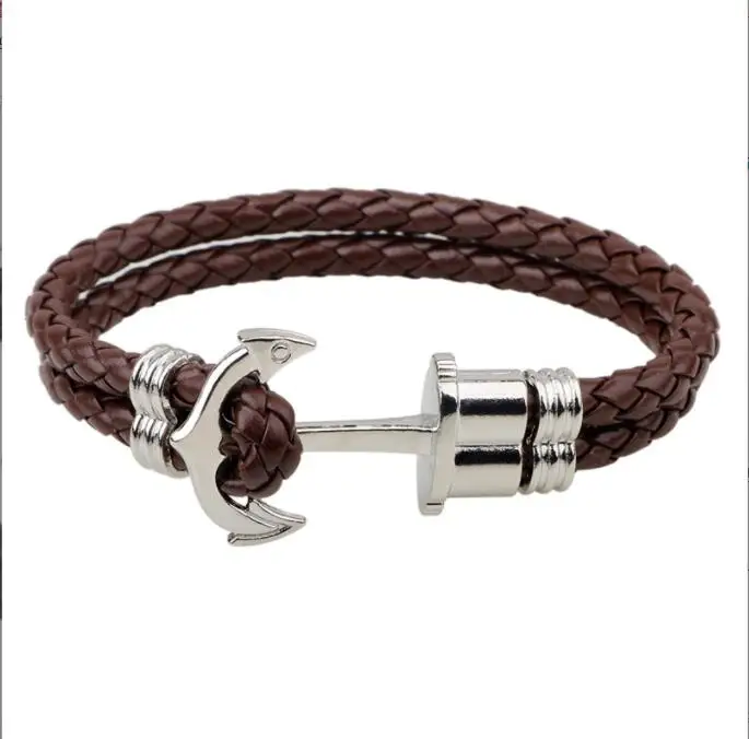 Pulsera de cuero trenzado a mano de varias capas estilo vintage con ancla para hombre y mujer, brazalete con dije de ancla, accesorios.