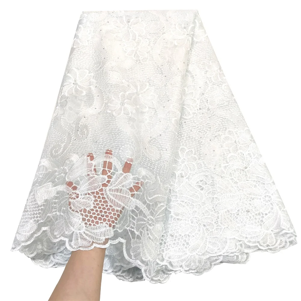 Latest White French Tulle Lace Fabric 2024 High Quality African Lace Fabric With Stones Beaded Nigerian Lace Fabric 5 Yards