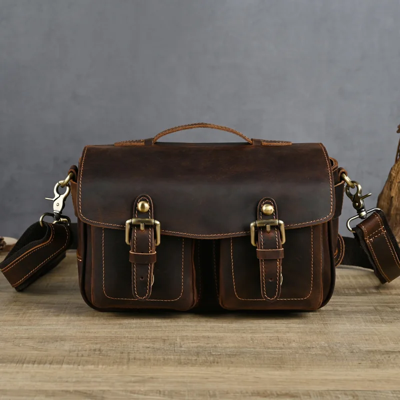 Crazy Horse Leather, Genuine Leather Single-shoulder Crossbody Casual DSLR Camera Bag