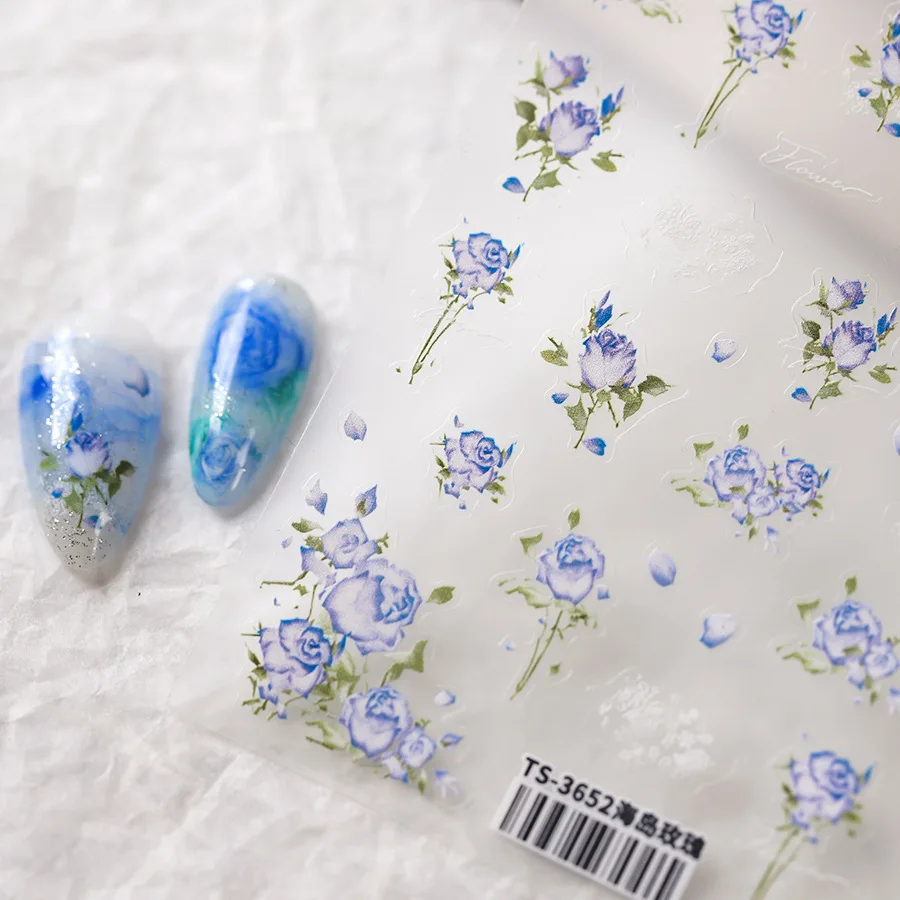 1pcs 5D Elegant AB Flower Nail Art Sticker Kawaii Exquisite Blue Rose Nail Decoration Decals Self-Adhesive Transfer Slider DIY