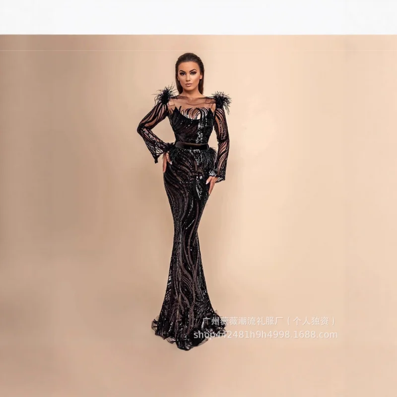 

Новое поступление, женское платье с круглым вырезом и длинными рукавами, блестящее облегающее платье с перьями в стиле пэчворк, сексуальное вечернее платье русалки для женщин