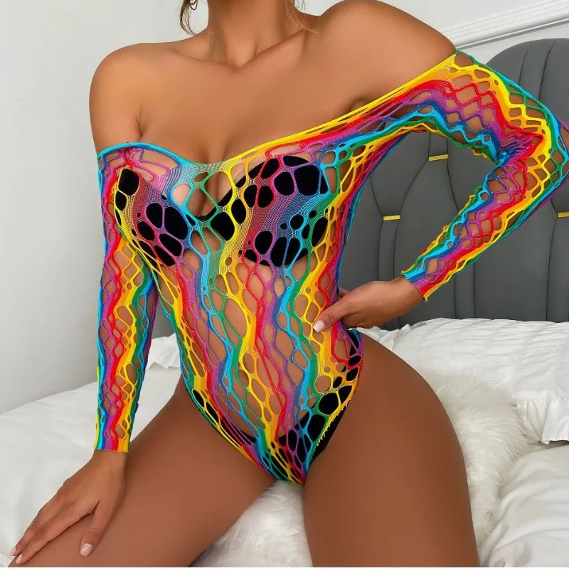 

European and American Women's Sexy Lingerie Hot Hip Hugging Skirt Sexy Rainbow Colored Mesh Tight Fitting Jumpsuit