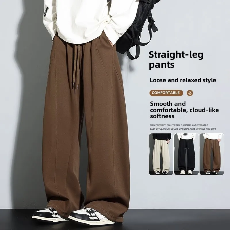 

Мужские трикотажные спортивные брюки прямого кроя 2025 года, весна-осень, в стиле Hong Kong, свободные, повседневные, модные, брендовые, с высокой талией, прямые штанины