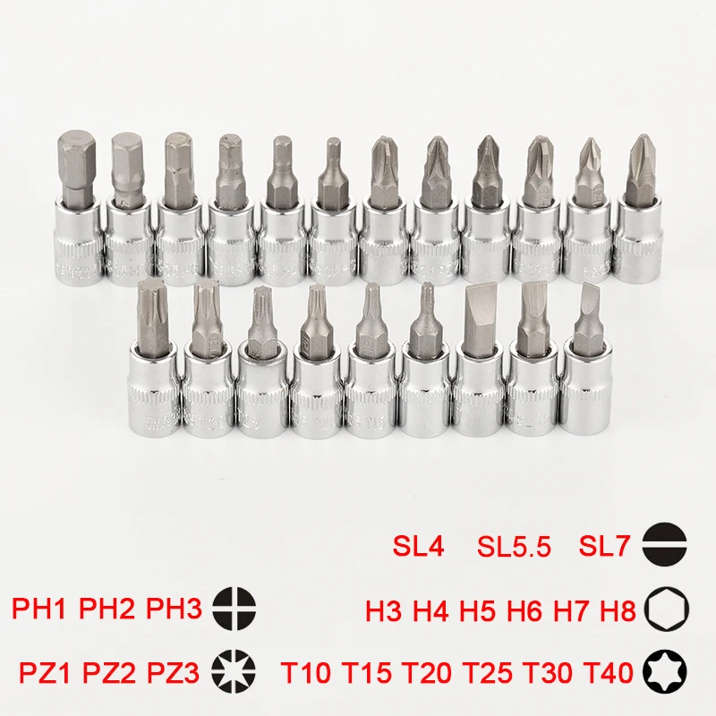 21pcs 32mm Long Bit Socket Set Hex Torx Slotted Phillips Pozidriv Bits 1/4