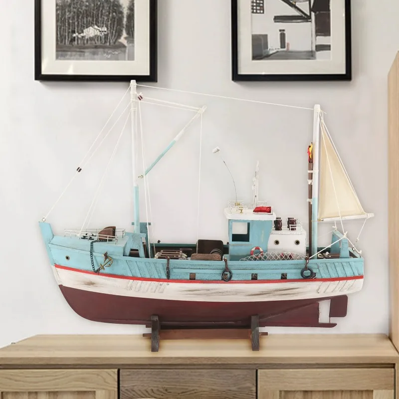 

Wooden fishing boat model ornaments handmade children's crafts boat sailing living room porch decorations.