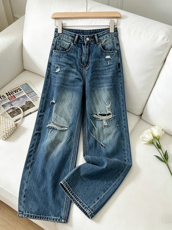 

High Waist Wide Leg American Style Denim Jeans Women's Summer New Slimming Design Straight Cut Trousers with Hole Detail