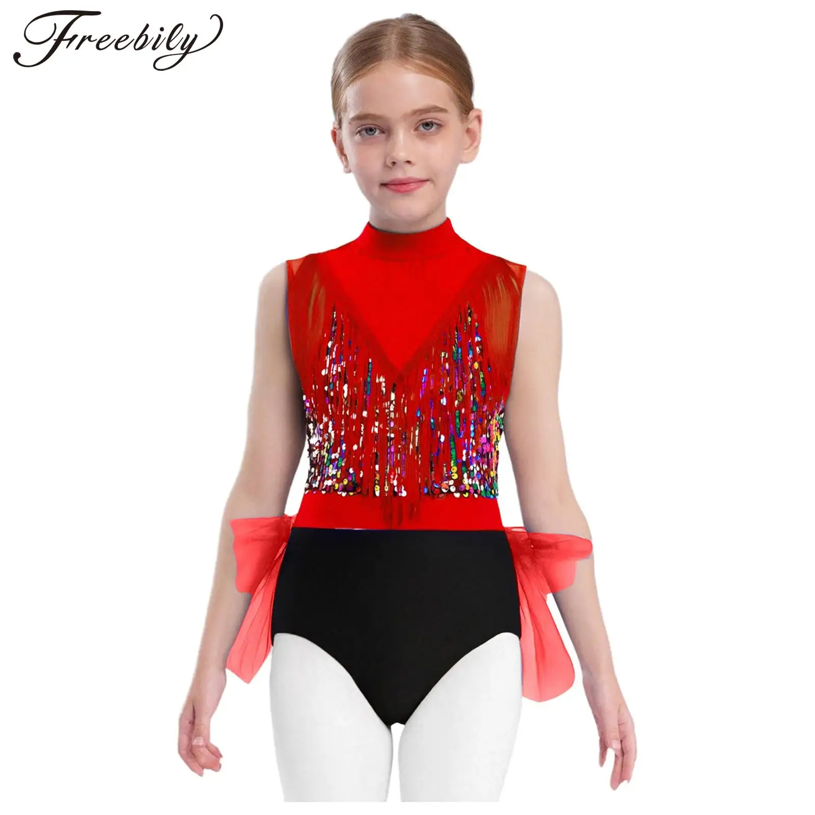 

Детское платье для латинских джазовых танцев для девочек, фигурное катание, балет, гимнастический купальник без рукавов с кисточками, блестящие сетчатые боди с блестками