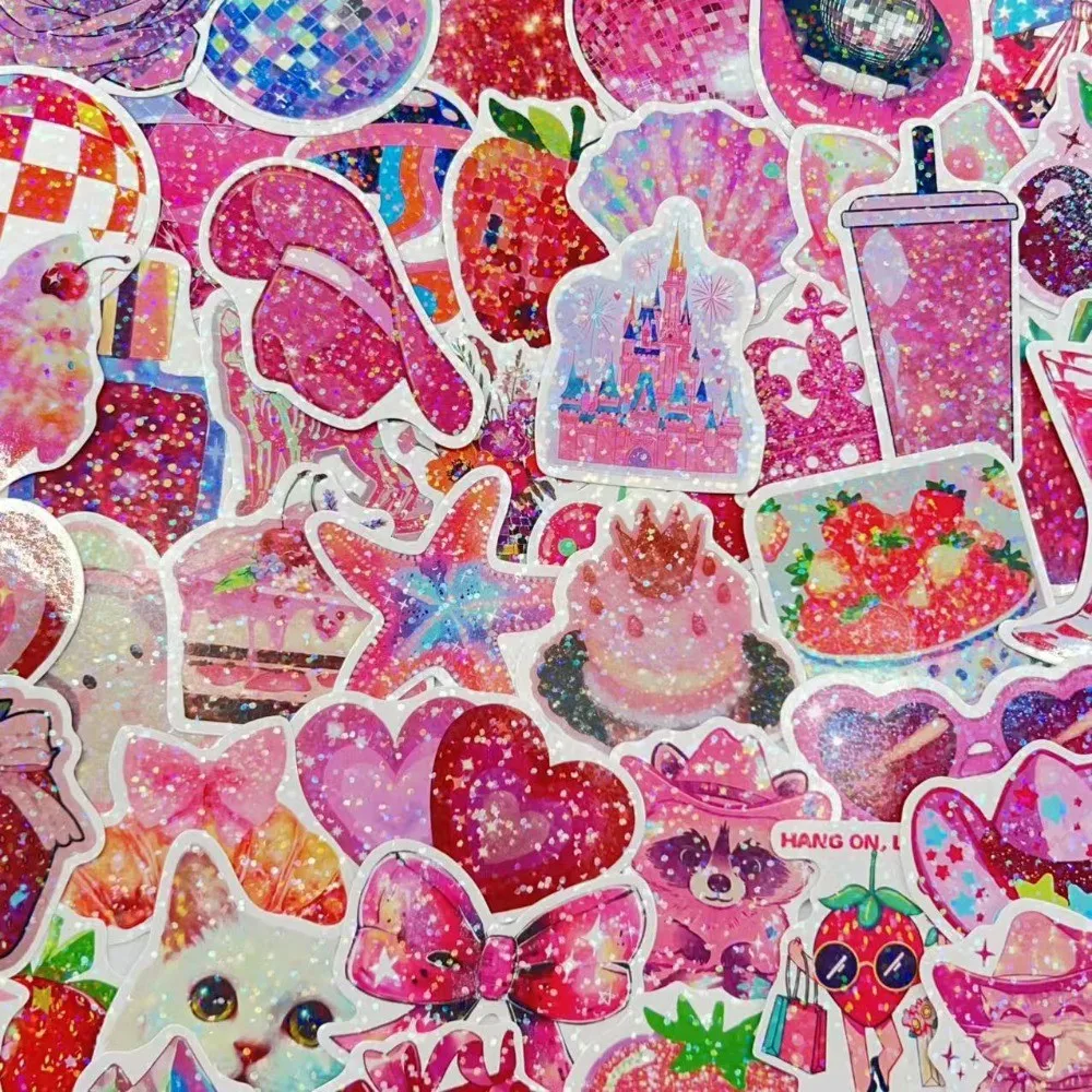 50-teilige Cartoon-Rosen-Rosa-Ästhetische Schimmerfolien-Graffiti-Aufkleber – DIY-Dekor für Gitarre, Notebook und Gepäck