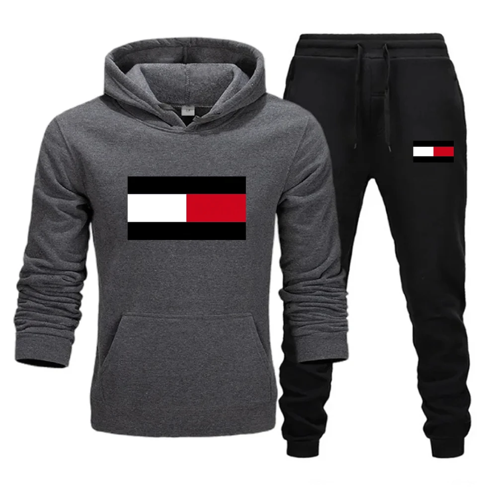 Men Print Fashion Sets Casual Pullover Tracksuit 2 Piece Hoodies Sweatshirts + Sweatpants Set