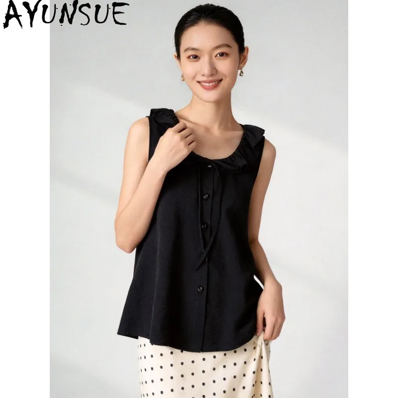 AYUNSUE 78% Silk Women's Tanks Solid Lace-up Sleeveless Tops for Woman Ruffled Collar Tanks Top Woman Clothes Summer Ropa Mujer