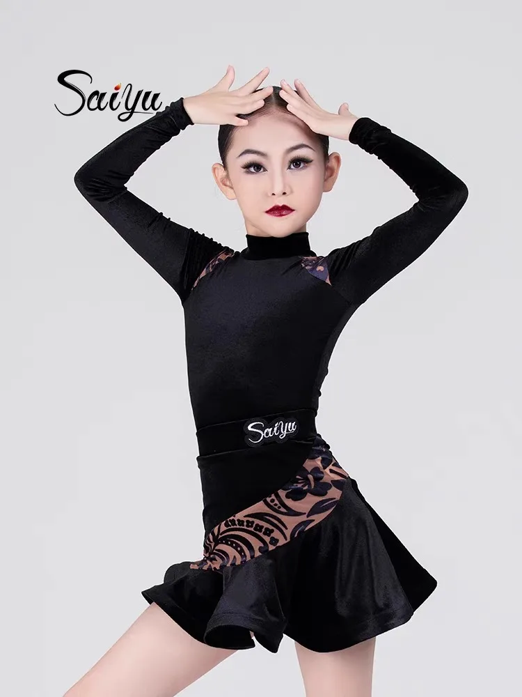 

Children's Latin Dance Dress for Girls 2024 New Velvet High Collar Long Sleeve Fishbone Skirt Practice Performance Set