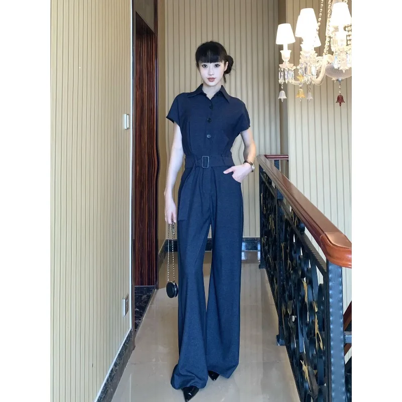 

Women's New Navy Blue Single Breasted Lace Up Short Sleeved Jumpsuit Summer High-quality Wide Leg Floor Length Casual Pants
