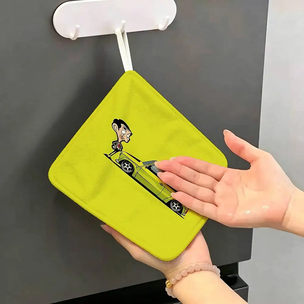 Mr Beans Cartoon Funny Hanging Style Hand Wiping Towel, Polyester Cotton, Anti-fade for Indoor Kitchen Living Room