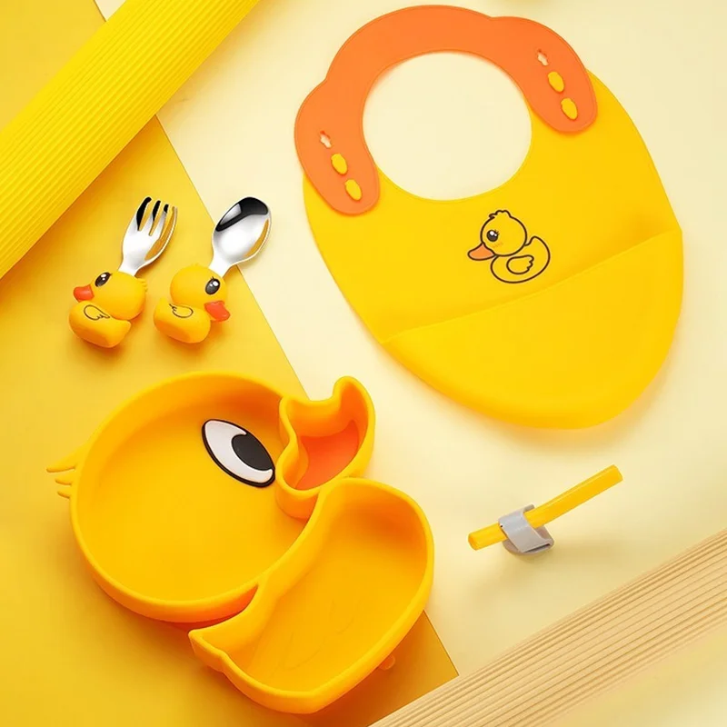 Children's Tableware, Food-Grade Silicone Dinner Plate Baby Anti-Slip, Anti-Falling Supplementary Food Bowl Baby Fork Spoon Set