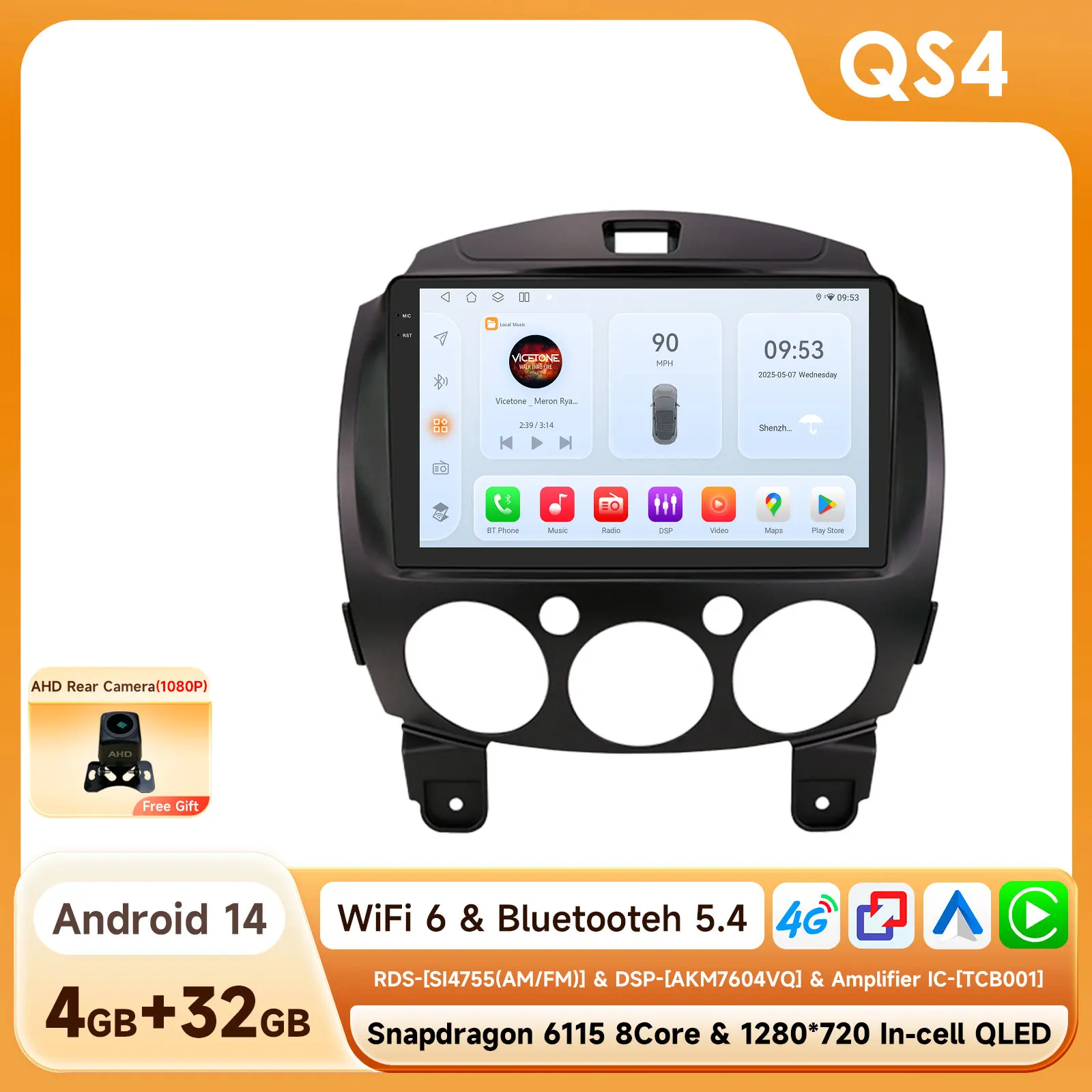 Auto Multimedia Video Player voor MAZDA 2 2007-2014 Android 14 DSP Carplay Stereo GPS Navigatie 2din BT 4G 9 ''door Snapdragon 6115
